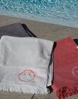 Strandtuch mit Stick SMILE korallenrot-ecru, 90x170 cm