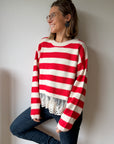 Pullover gestreift mit Spitzen rot-creme, One Size
