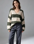 Strickpullover gestreift khaki-ecru, One Size
