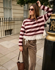 Pullover gestreift mit Spitzen burgund-rosa, One Size